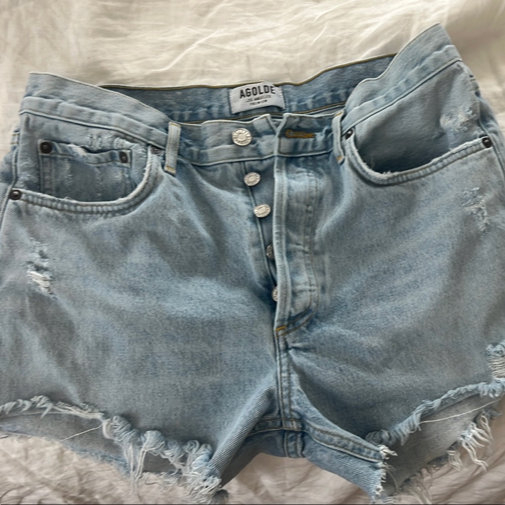 Agolde Blue Jean Shorts with Distressed Frayed Hem